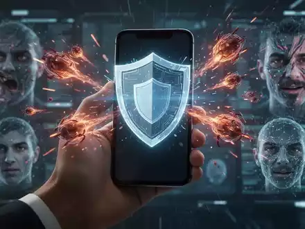 Eine Hand hält ein Smartphone, von dem ein holografisches Schild ausgeht, das es vor digitalen Bedrohungen und Deepfakes schützt. - Foto: über boerse-global.de