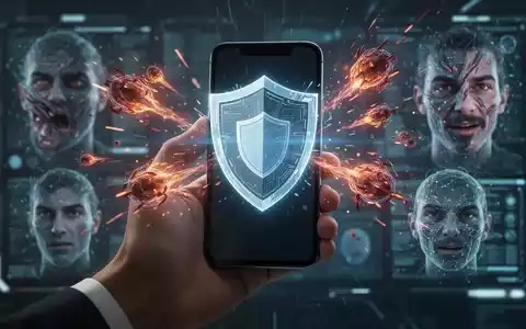 Eine Hand hält ein Smartphone, von dem ein holografisches Schild ausgeht, das es vor digitalen Bedrohungen und Deepfakes schützt. - Foto: über boerse-global.de