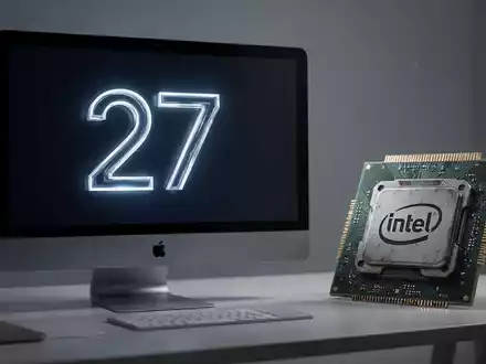 Ein moderner Apple-Monitor mit der Zahl 27 neben einem älteren, deaktivierten Intel-Chip auf einem Schreibtisch. - Foto: über boerse-global.de