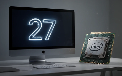 Ein moderner Apple-Monitor mit der Zahl 27 neben einem älteren, deaktivierten Intel-Chip auf einem Schreibtisch. - Foto: über boerse-global.de