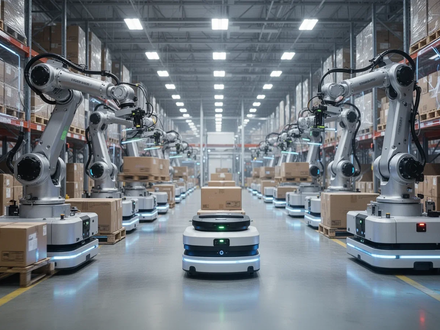 Ein modernes, automatisiertes Logistikzentrum mit Robotern und Förderbändern, die Pakete sortieren und transportieren. - Foto: über boerse-global.de