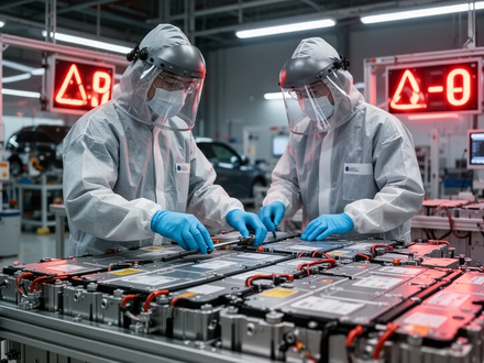 Ein Techniker in Schutzkleidung inspiziert Hochvolt-Batteriemodule in einer modernen Autowerkstatt, Fokus auf Sicherheit und Technologie. - Foto: über boerse-global.de
