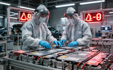 Ein Techniker in Schutzkleidung inspiziert Hochvolt-Batteriemodule in einer modernen Autowerkstatt, Fokus auf Sicherheit und Technologie. - Foto: über boerse-global.de