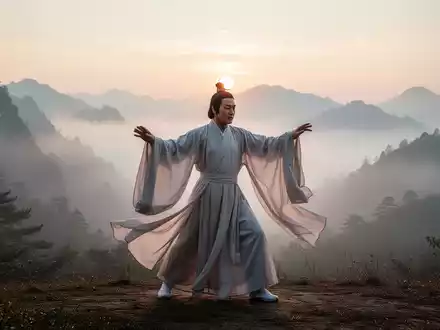 Eine Person in traditioneller taoistischer Kleidung führt sanfte Bewegungen in einer ruhigen, nebelverhangenen Berglandschaft aus. - Foto: über boerse-global.de
