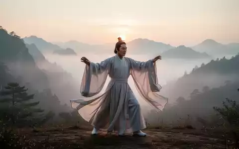 Eine Person in traditioneller taoistischer Kleidung führt sanfte Bewegungen in einer ruhigen, nebelverhangenen Berglandschaft aus. - Foto: über boerse-global.de