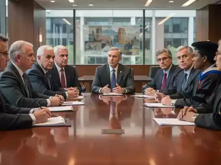 Eine Gruppe von Führungskräften im Hochschulbereich sitzt an einem Konferenztisch und diskutiert ernsthaft. - Foto: über boerse-global.de