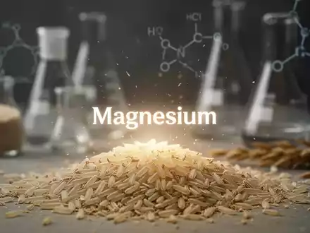 Nahaufnahme von Reiskörnern und feiner Reiskleie mit einem sanften Leuchten, das Magnesium symbolisiert, im wissenschaftlichen Kontext. - Foto: über boerse-global.de