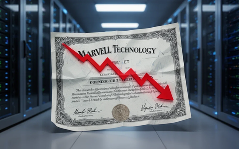 Eine einzelne Marvell Technology Aktie mit einem roten Pfeil, der einen Rückgang nach einem Hoch anzeigt, vor einem unscharfen Rechenzentrum. - Foto: über boerse-global.de