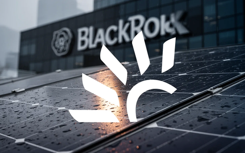 Ein Solarpanel von Canadian Solar mit Regentropfen, im Hintergrund ein stilisiertes BlackRock-Logo auf einem Gebäude. - Foto: über boerse-global.de