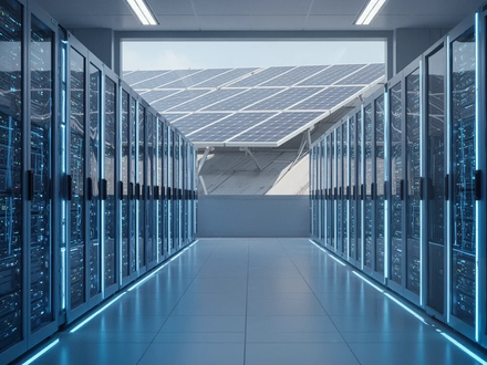 Ein modernes Rechenzentrum mit leuchtenden Server-Racks und Solarmodulen auf einem Dach, die erneuerbare Energie darstellen. - Foto: über boerse-global.de