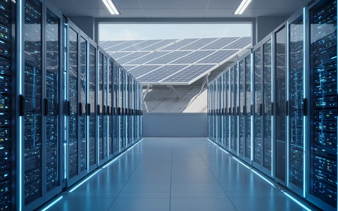 Ein modernes Rechenzentrum mit leuchtenden Server-Racks und Solarmodulen auf einem Dach, die erneuerbare Energie darstellen. - Foto: über boerse-global.de