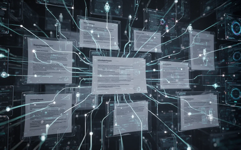 Abstract representation of AI organizing digital documents and data streams within a complex network, symbolizing automated document management. - Foto: über boerse-global.de