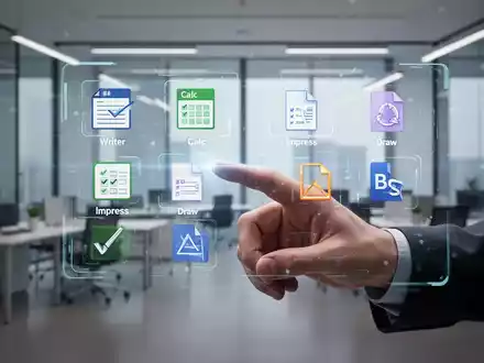 A hand interacts with a holographic display showing icons for a word processor, spreadsheet, and presentation software in a modern office. - Foto: über boerse-global.de