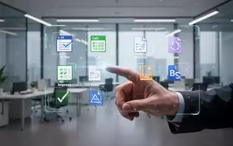 A hand interacts with a holographic display showing icons for a word processor, spreadsheet, and presentation software in a modern office. - Foto: über boerse-global.de