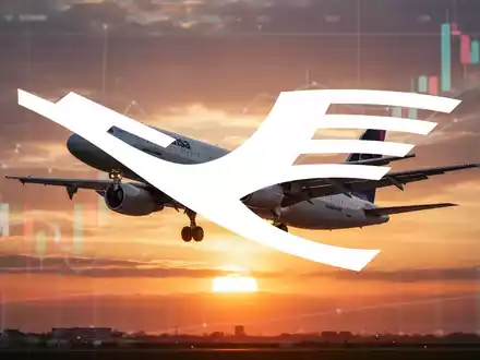 Ein Lufthansa-Flugzeug startet bei Sonnenuntergang, mit einem angedeuteten Finanzchart im Hintergrund. - Foto: über boerse-global.de