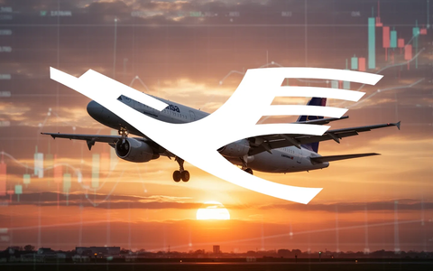 Ein Lufthansa-Flugzeug startet bei Sonnenuntergang, mit einem angedeuteten Finanzchart im Hintergrund. - Foto: über boerse-global.de