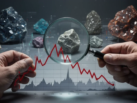 Eine Hand hält eine Lupe über einem Diagramm mit starkem Rückgang, im Hintergrund abstrakte Seltene Erden-Minerale. - Foto: über boerse-global.de