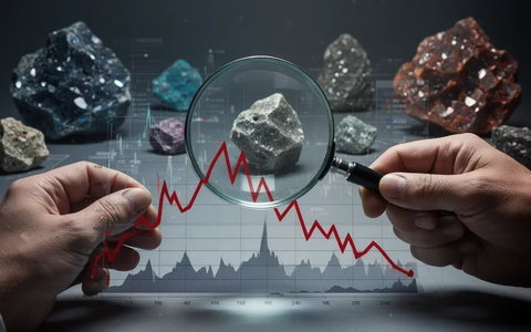 Eine Hand hält eine Lupe über einem Diagramm mit starkem Rückgang, im Hintergrund abstrakte Seltene Erden-Minerale. - Foto: über boerse-global.de