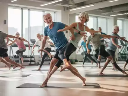 Eine Gruppe von Erwachsenen über 40 führt Hüftbeweglichkeitsübungen in einem hellen Fitnessstudio durch, Fokus auf gesunde Gelenke. - Foto: über boerse-global.de