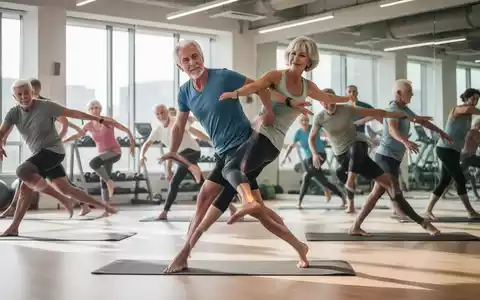 Eine Gruppe von Erwachsenen über 40 führt Hüftbeweglichkeitsübungen in einem hellen Fitnessstudio durch, Fokus auf gesunde Gelenke. - Foto: über boerse-global.de