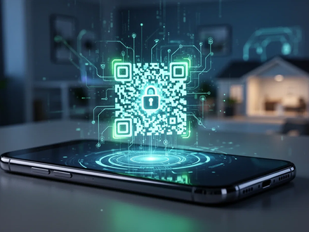 A glowing QR code on a smartphone screen, symbolizing secure, password-free Wi-Fi sharing. The background is a blurred, modern home network. - Foto: über boerse-global.de