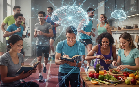 Junge Erwachsene, die gesunden Lebensstil praktizieren, mit subtilen Symbolen für Gehirn und kognitive Gesundheit. - Foto: über boerse-global.de