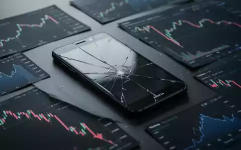 Ein Nokia-Smartphone mit leicht gesprungenem Bildschirm auf einer dunklen Oberfläche, umgeben von fallenden Börsencharts. - Foto: über boerse-global.de