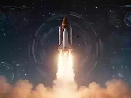 Eine stilisierte Rakete startet in einen Sternenhimmel, umgeben von einem digitalen Interface-Overlay. - Foto: über boerse-global.de