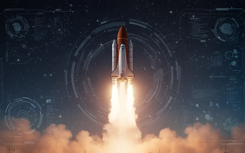 Eine stilisierte Rakete startet in einen Sternenhimmel, umgeben von einem digitalen Interface-Overlay. - Foto: über boerse-global.de