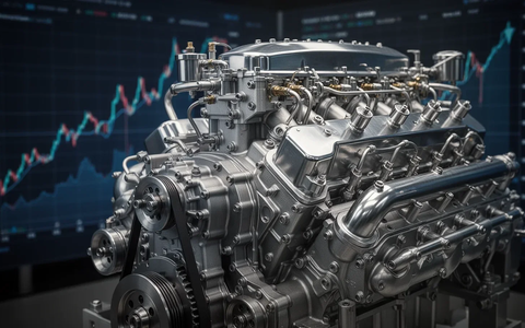 Nahaufnahme eines modernen Industriegasmotors mit unscharfem, aufsteigendem Finanzdiagramm im Hintergrund. - Foto: über boerse-global.de