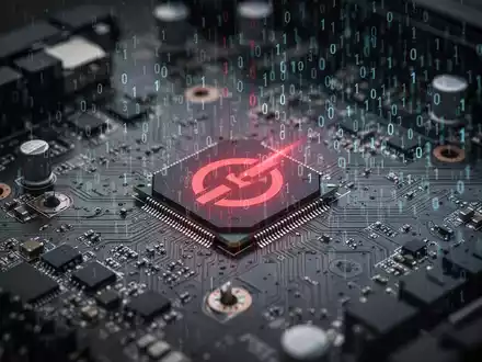 Close-up of a computer motherboard with binary code overlay and a red error symbol, illustrating a software bug. - Foto: über boerse-global.de