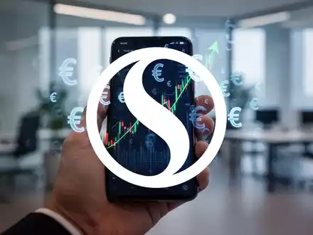 Eine Hand hält ein Smartphone mit einem steigenden Aktienchart und Euro-Symbolen, im Hintergrund ein unscharfes Büro. - Foto: über boerse-global.de