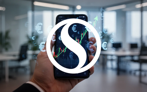Eine Hand hält ein Smartphone mit einem steigenden Aktienchart und Euro-Symbolen, im Hintergrund ein unscharfes Büro. - Foto: über boerse-global.de