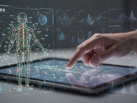 Eine digitale Darstellung von Akupunkturpunkten und Meridianen, überlagert mit subtilen KI-Datenvisualisierungen. Eine Hand berührt ein Tablet. - Foto: über boerse-global.de