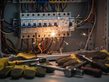 Nahaufnahme eines elektrischen Schaltkastens mit freiliegenden Drähten und einem schwachen Funken, der Gefahr und technische Defekte symbolisiert. - Foto: über boerse-global.de