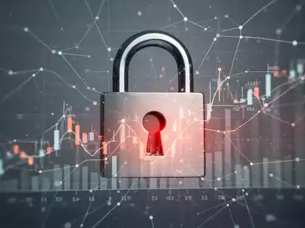 Ein stilisiertes Bild eines blockierten digitalen Finanzflusses mit einem Vorhängeschloss vor einem unscharfen Diagramm. Vermittelt Stillstand. - Foto: über boerse-global.de