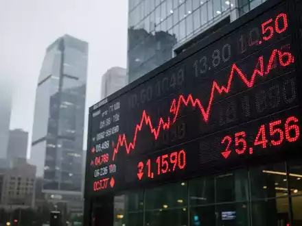 Ein digitaler Börsenticker zeigt rote, fallende Zahlen vor dem Hintergrund einer modernen Finanzgegend mit Wolkenkratzern. - Foto: über boerse-global.de