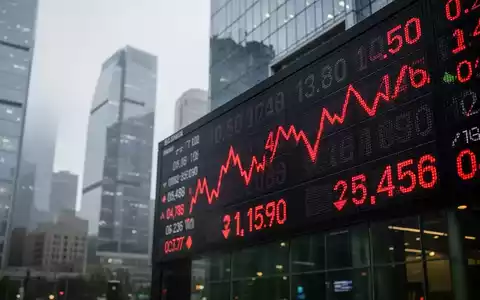 Ein digitaler Börsenticker zeigt rote, fallende Zahlen vor dem Hintergrund einer modernen Finanzgegend mit Wolkenkratzern. - Foto: über boerse-global.de