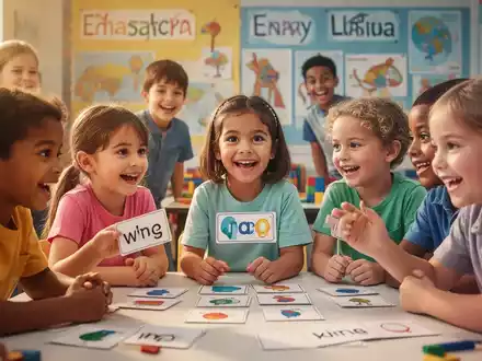 Glückliche Kinder verschiedenen Alters und ethnischer Herkunft lernen und spielen in einer interaktiven Umgebung, die Mehrsprachigkeit symbolisiert. - Foto: über boerse-global.de