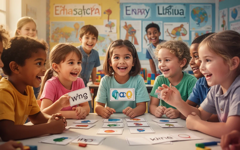 Glückliche Kinder verschiedenen Alters und ethnischer Herkunft lernen und spielen in einer interaktiven Umgebung, die Mehrsprachigkeit symbolisiert. - Foto: über boerse-global.de
