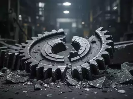 Ein zerbrochenes Zahnrad liegt vor unscharfen Industrieanlagen, symbolisiert einen Absturz und Rückgang in der Industrie. - Foto: über boerse-global.de