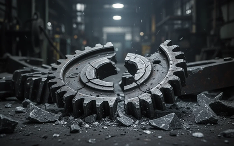 Ein zerbrochenes Zahnrad liegt vor unscharfen Industrieanlagen, symbolisiert einen Absturz und Rückgang in der Industrie. - Foto: über boerse-global.de