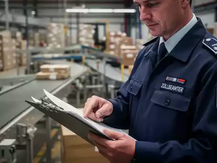 Ein deutscher Zollbeamter prüft Dokumente in einem Logistikzentrum, im Hintergrund verschwommen Pakete und Förderbänder. - Foto: über boerse-global.de