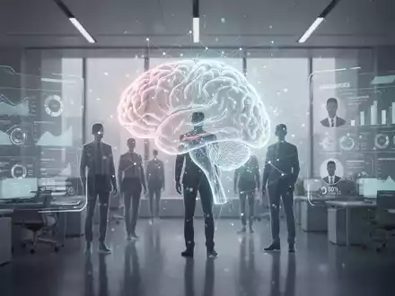 Eine futuristische Büroumgebung, in der eine stilisierte, leuchtende KI-Gehirnstruktur sich mit menschlichen Silhouetten verbindet, symbolisiert KI im Personalwesen. - Foto: über boerse-global.de