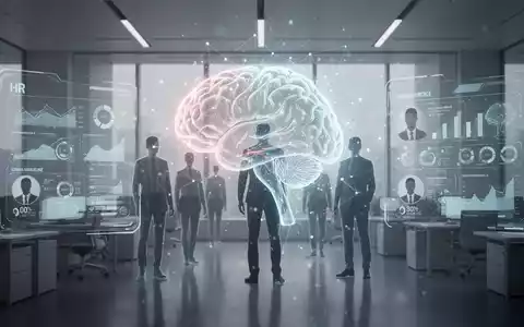 Eine futuristische Büroumgebung, in der eine stilisierte, leuchtende KI-Gehirnstruktur sich mit menschlichen Silhouetten verbindet, symbolisiert KI im Personalwesen. - Foto: über boerse-global.de