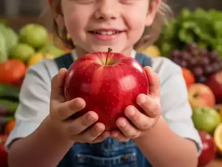 Kinderhände halten einen roten Apfel, im Hintergrund verschwommenes Obst und Gemüse. Fokus auf gesunde Ernährung und Wohlbefinden. - Foto: über boerse-global.de