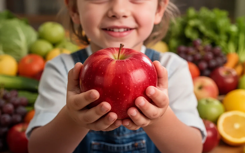 Kinderhände halten einen roten Apfel, im Hintergrund verschwommenes Obst und Gemüse. Fokus auf gesunde Ernährung und Wohlbefinden. - Foto: über boerse-global.de