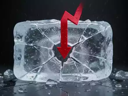 Ein roter Pfeil zeigt nach unten und durchbohrt einen gesprungenen Eisblock, der einen unerklärlichen Wertverlust symbolisiert. - Foto: über boerse-global.de