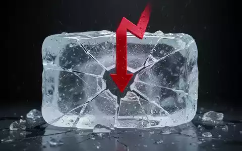 Ein roter Pfeil zeigt nach unten und durchbohrt einen gesprungenen Eisblock, der einen unerklärlichen Wertverlust symbolisiert. - Foto: über boerse-global.de