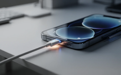 An iPhone 17 with a charging cable plugged in, showing a subtle glow around the charging port. - Foto: über boerse-global.de